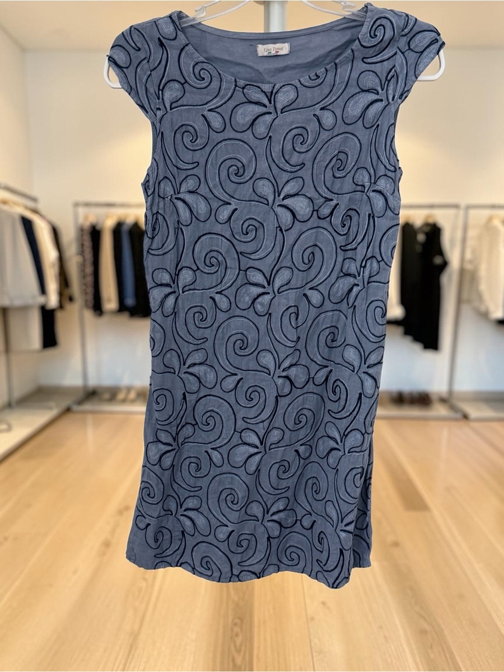 Lina Tomei Embroidered Blu Cap Sleeve Mini Dress